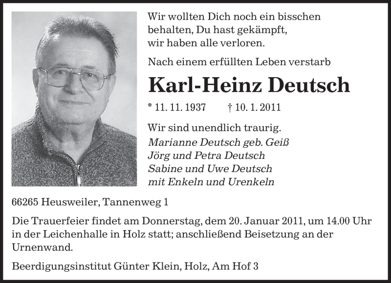  Traueranzeige für Karl-Heinz Deutsch vom 18.01.2011 aus SAARBRÜCKER ZEITUNG