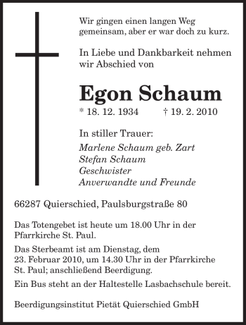 Traueranzeige von Egon Schaum von SAARBRÜCKER ZEITUNG