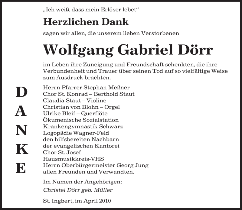  Traueranzeige für Wolfgang Gabriel Dörr vom 19.04.2010 aus SAARBRÜCKER ZEITUNG