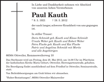 Traueranzeige von Paul Kauth von SAARBRÜCKER ZEITUNG