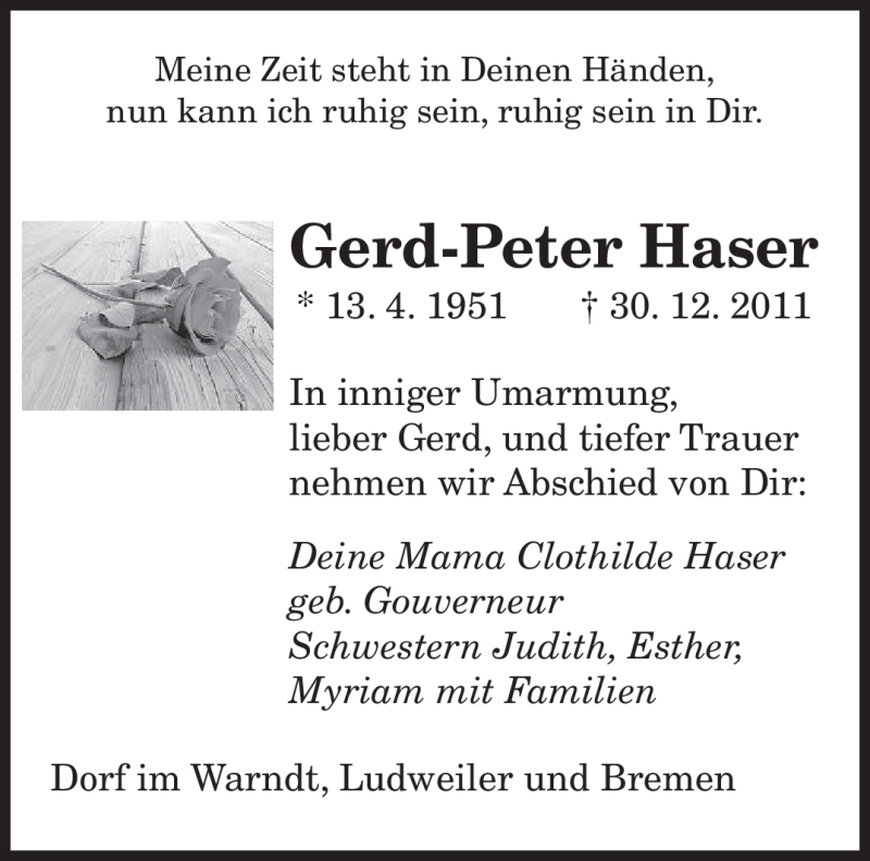  Traueranzeige für Gerd-Peter Haser vom 02.01.2012 aus SAARBRÜCKER ZEITUNG