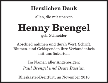 Traueranzeige von Henny Brengel von SAARBRÜCKER ZEITUNG