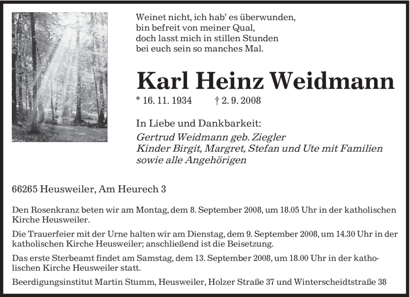  Traueranzeige für Karl Heinz Weidmann vom 06.09.2008 aus SAARBRÜCKER ZEITUNG
