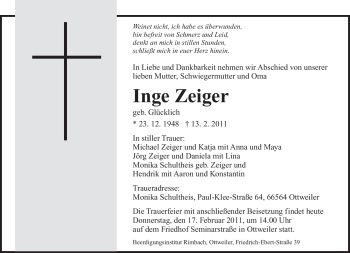 Traueranzeige von Inge Zeiger von SAARBRÜCKER ZEITUNG