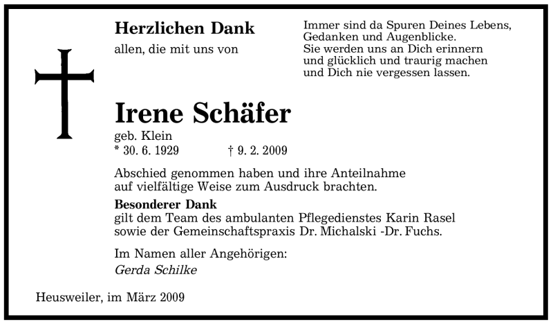  Traueranzeige für Irene Schäfer vom 11.03.2009 aus SAARBRÜCKER ZEITUNG