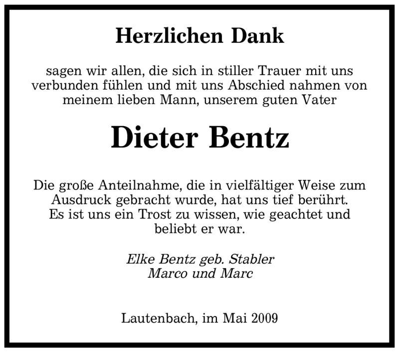  Traueranzeige für Dieter Bentz vom 30.05.2009 aus SAARBRÜCKER ZEITUNG