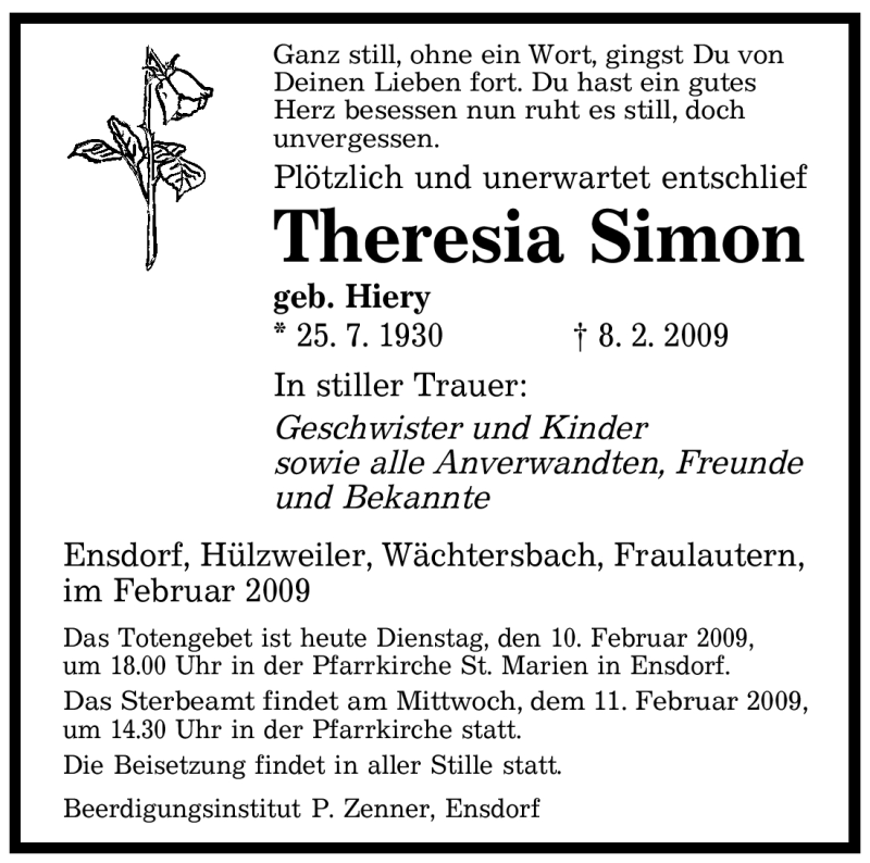  Traueranzeige für Theresia Simon vom 10.02.2009 aus SAARBRÜCKER ZEITUNG