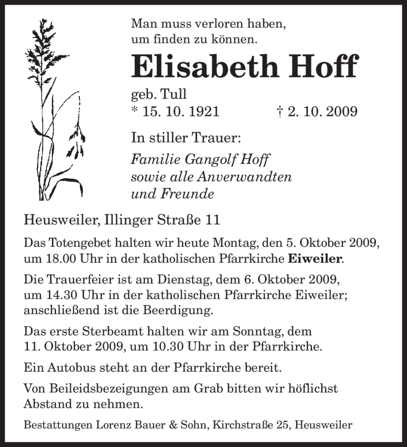  Traueranzeige für Elisabeth Hoff vom 05.10.2009 aus SAARBRÜCKER ZEITUNG