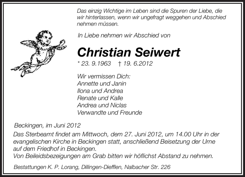  Traueranzeige für Christian Seiwert vom 25.06.2012 aus SAARBRÜCKER ZEITUNG