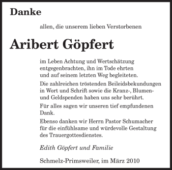 Traueranzeige von Aribert Göpfert von SAARBRÜCKER ZEITUNG