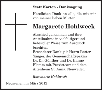 Traueranzeige von Margarete Hohlweck von SAARBRÜCKER ZEITUNG