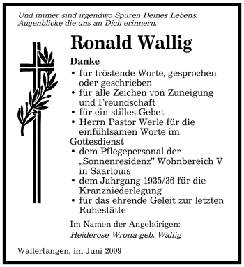 Traueranzeige von Ronald Wallig von SAARBRÜCKER ZEITUNG