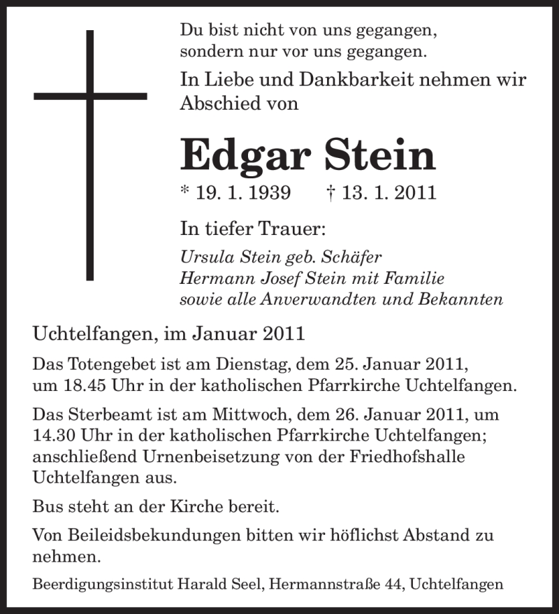  Traueranzeige für Edgar Stein vom 24.01.2011 aus SAARBRÜCKER ZEITUNG
