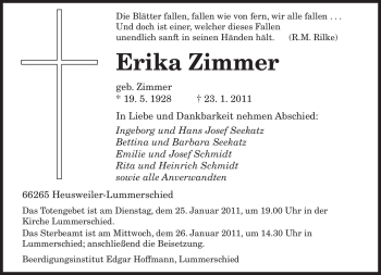 Traueranzeige von Erika Zimmer von SAARBRÜCKER ZEITUNG