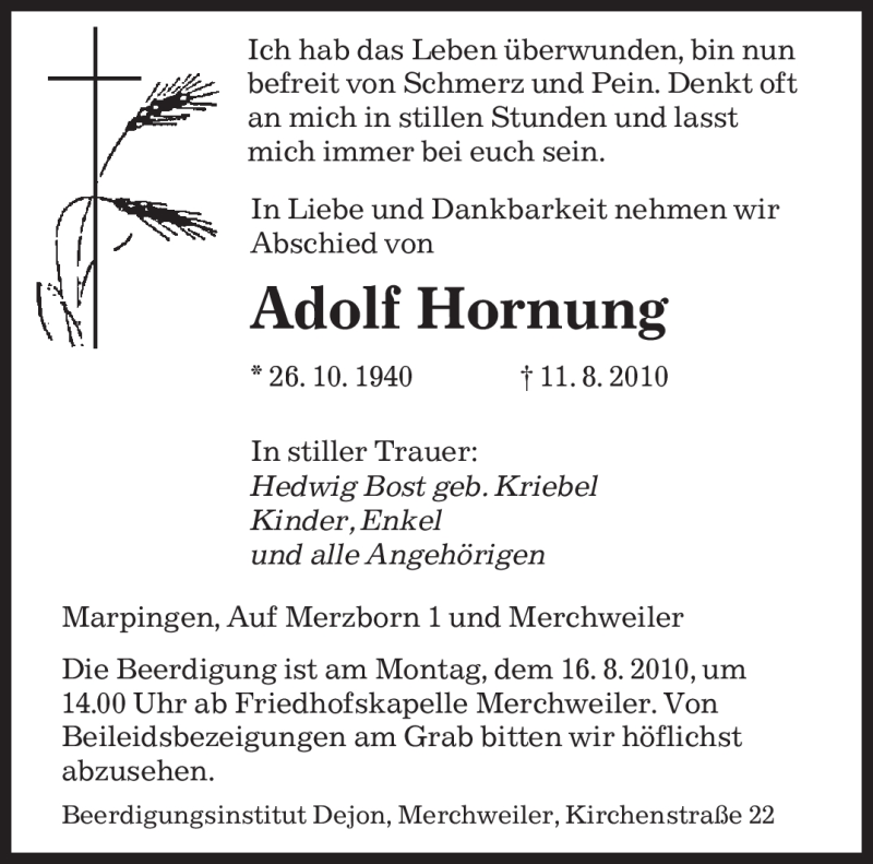  Traueranzeige für Adolf Hornung vom 13.08.2010 aus SAARBRÜCKER ZEITUNG