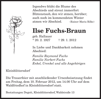 Traueranzeige von Ilse Fuchs-Braun von SAARBRÜCKER ZEITUNG
