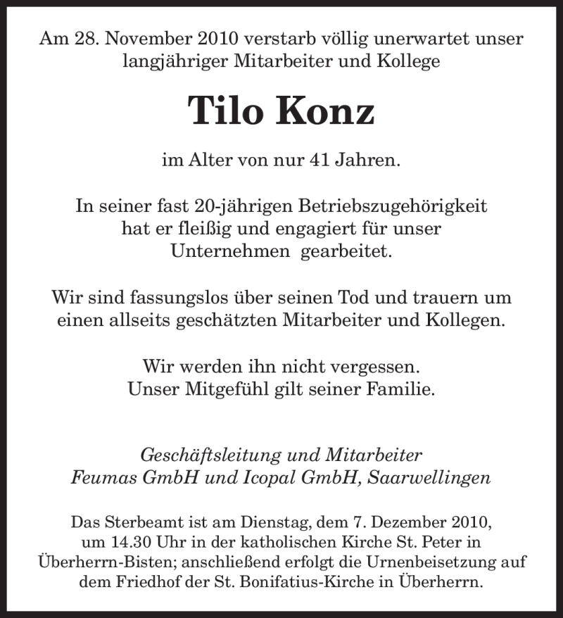  Traueranzeige für Tilo Konz vom 04.12.2010 aus SAARBRÜCKER ZEITUNG