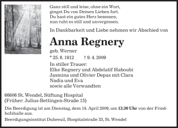 Traueranzeige von Anna Regnery von SAARBRÜCKER ZEITUNG