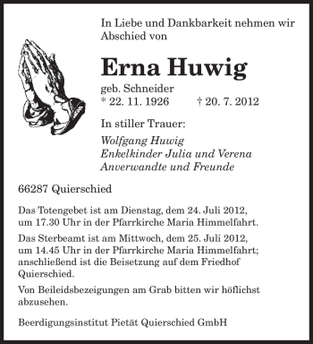 Traueranzeige von Erna Huwig von SAARBRÜCKER ZEITUNG