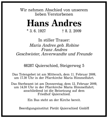 Traueranzeige von Hans Andres von SAARBRÜCKER ZEITUNG