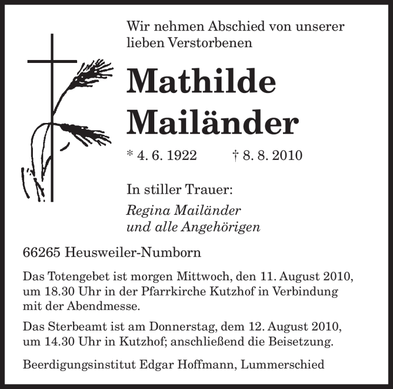  Traueranzeige für Mathilde Mailänder vom 10.08.2010 aus SAARBRÜCKER ZEITUNG