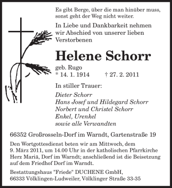Traueranzeige von Helene Schorr von SAARBRÜCKER ZEITUNG