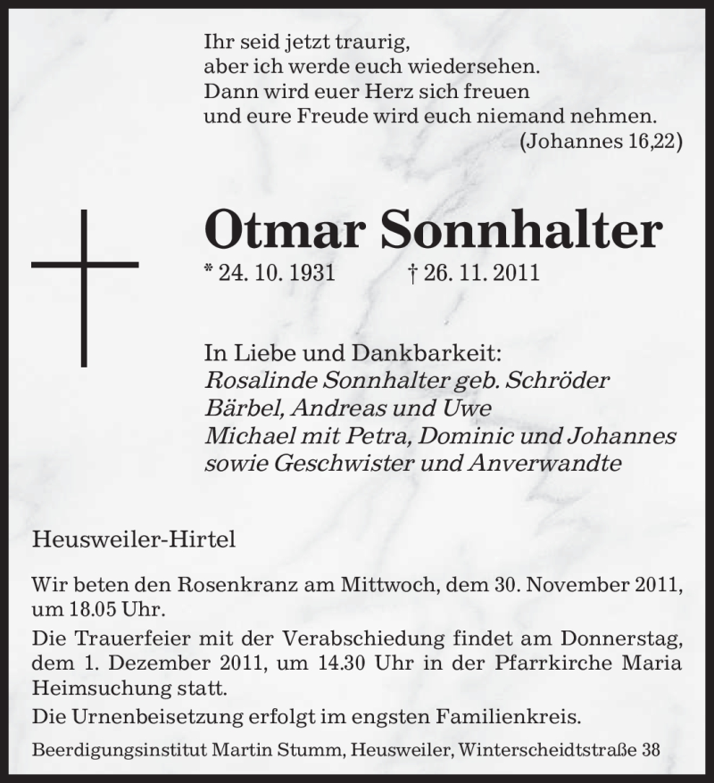  Traueranzeige für Otmar Sonnhalter vom 29.11.2011 aus SAARBRÜCKER ZEITUNG