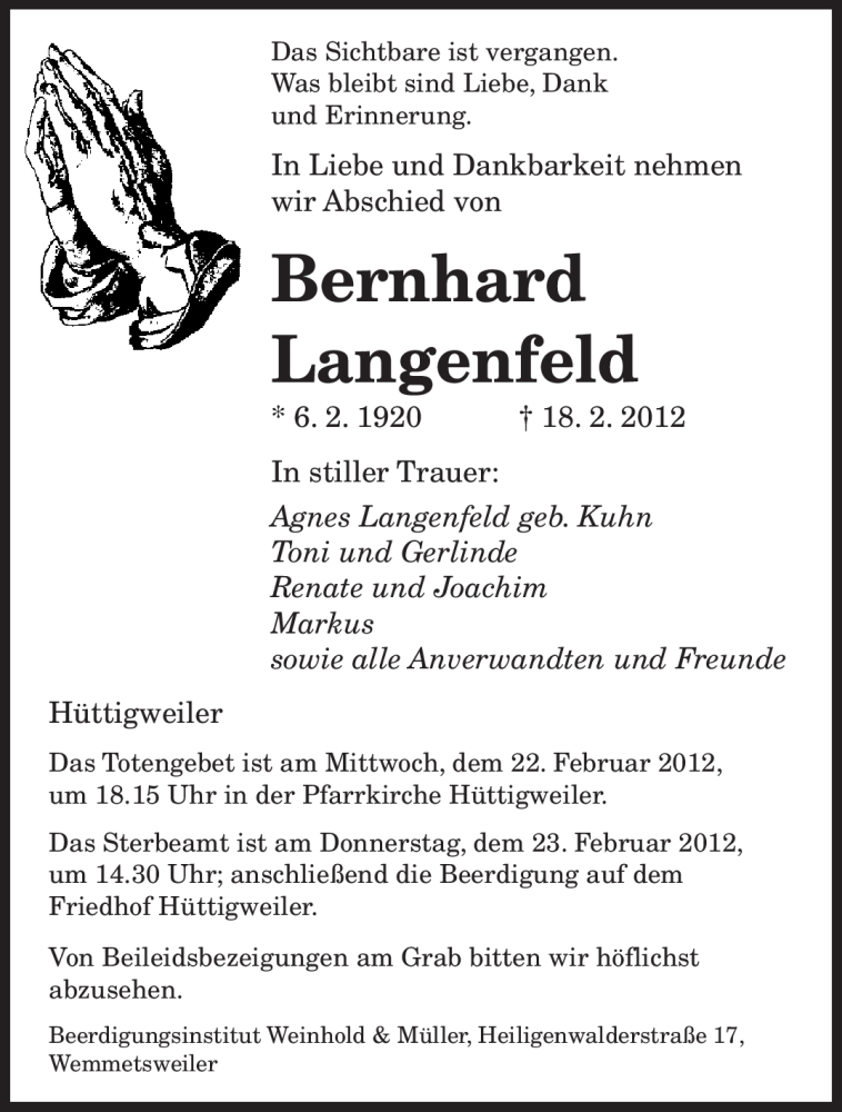  Traueranzeige für Bernhard Langenfeld vom 20.02.2012 aus SAARBRÜCKER ZEITUNG