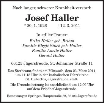 Traueranzeige von Josef Haller von SAARBRÜCKER ZEITUNG