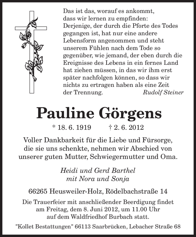  Traueranzeige für Pauline Görgens vom 05.06.2012 aus SAARBRÜCKER ZEITUNG