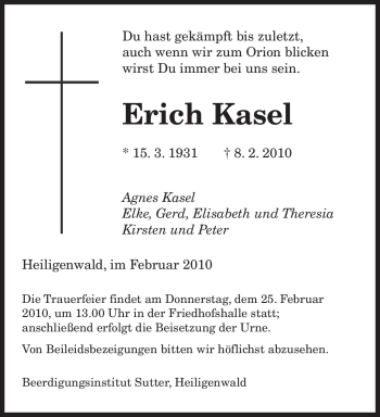 Traueranzeige von Erich Kasel von SAARBRÜCKER ZEITUNG
