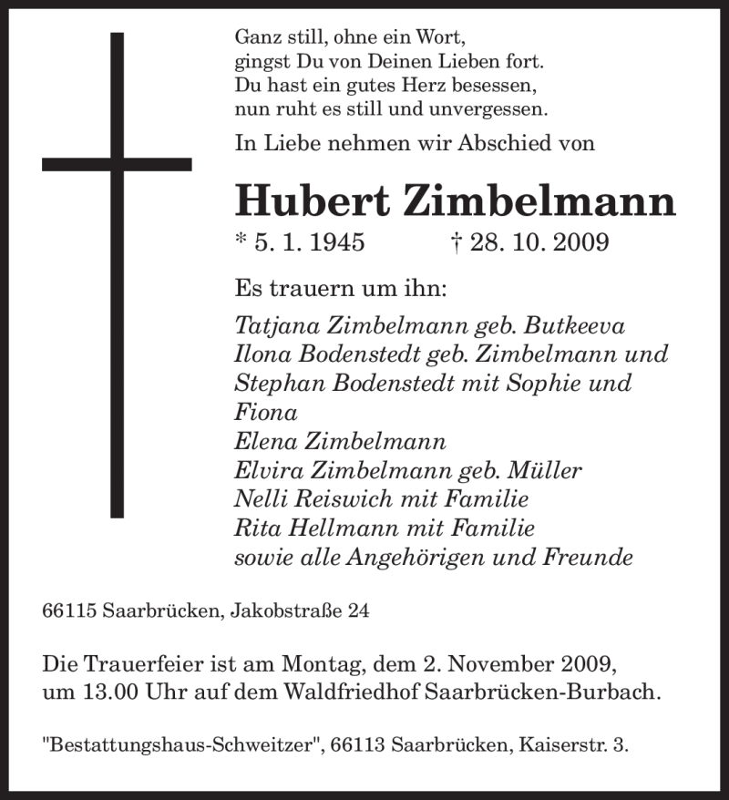  Traueranzeige für Hubert Zimbelmann vom 31.10.2009 aus SAARBRÜCKER ZEITUNG