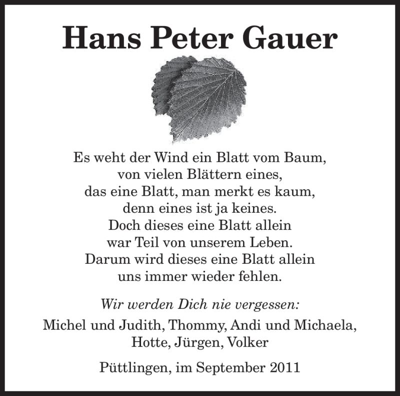  Traueranzeige für Hans Peter Gauer vom 01.10.2011 aus SAARBRÜCKER ZEITUNG