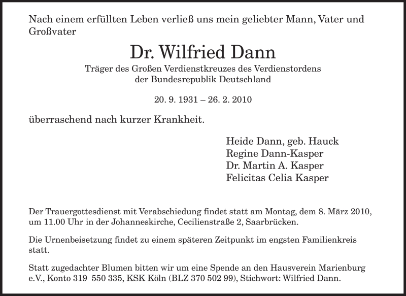  Traueranzeige für Wilfried Dann vom 03.03.2010 aus SAARBRÜCKER ZEITUNG