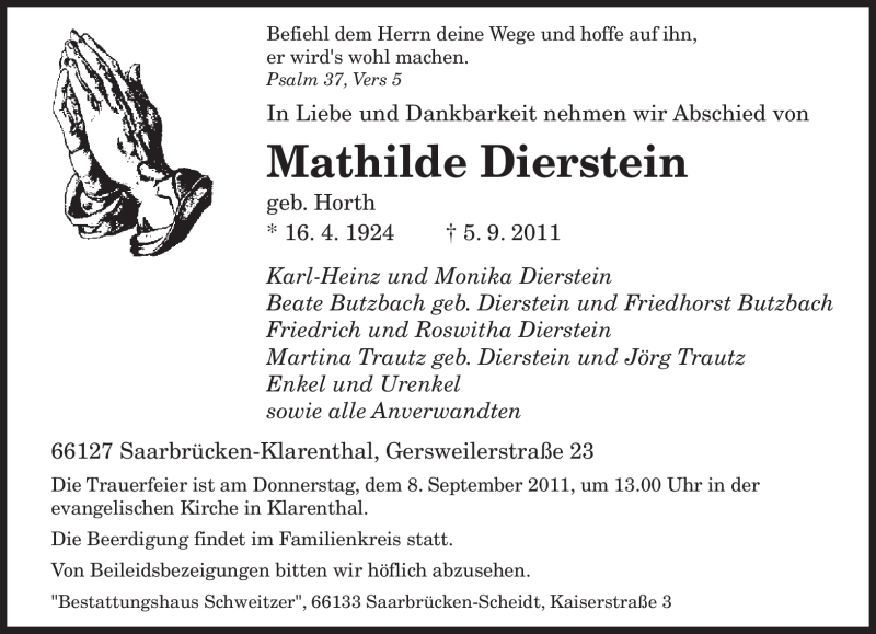  Traueranzeige für Mathilde Dierstein vom 07.09.2011 aus SAARBRÜCKER ZEITUNG