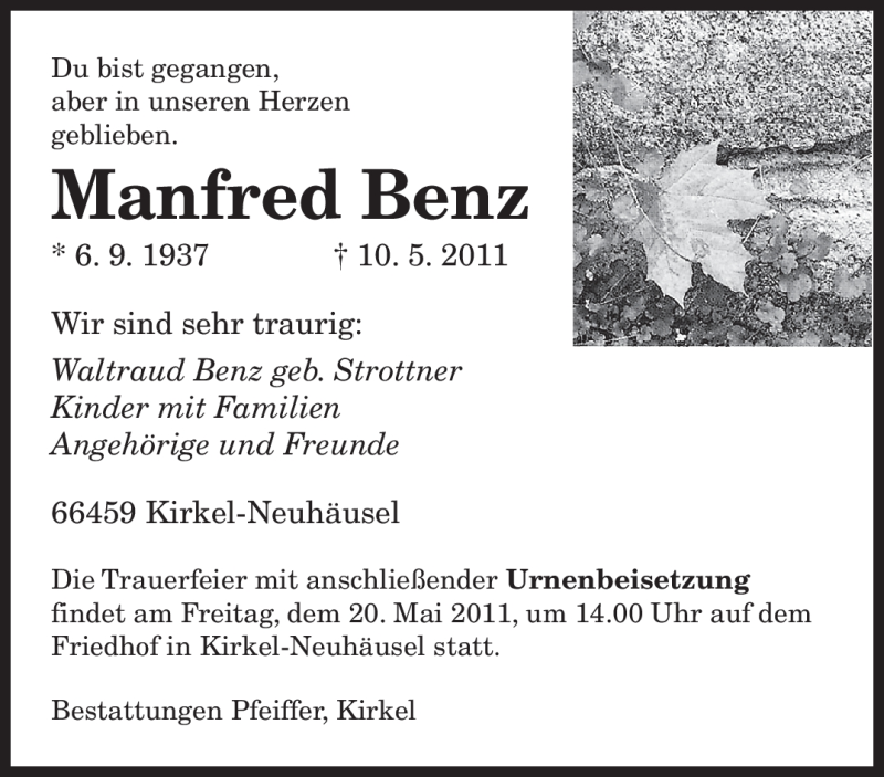  Traueranzeige für Manfred Benz vom 17.05.2011 aus SAARBRÜCKER ZEITUNG