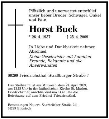 Traueranzeige von Horst Buck von SAARBRÜCKER ZEITUNG
