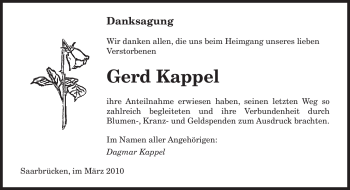 Traueranzeige von Gerd Kappel von SAARBRÜCKER ZEITUNG