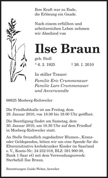 Traueranzeige von Ilse Braun von SAARBRÜCKER ZEITUNG
