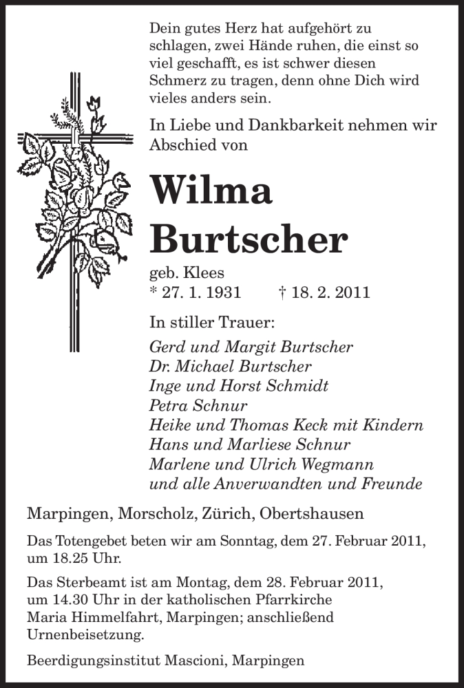  Traueranzeige für Wilma Burtscher vom 24.02.2011 aus SAARBRÜCKER ZEITUNG