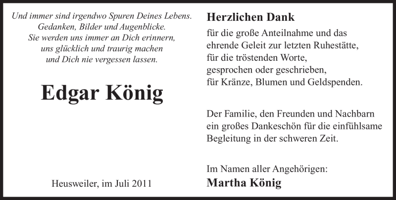  Traueranzeige für Edgar König vom 23.07.2011 aus SAARBRÜCKER ZEITUNG