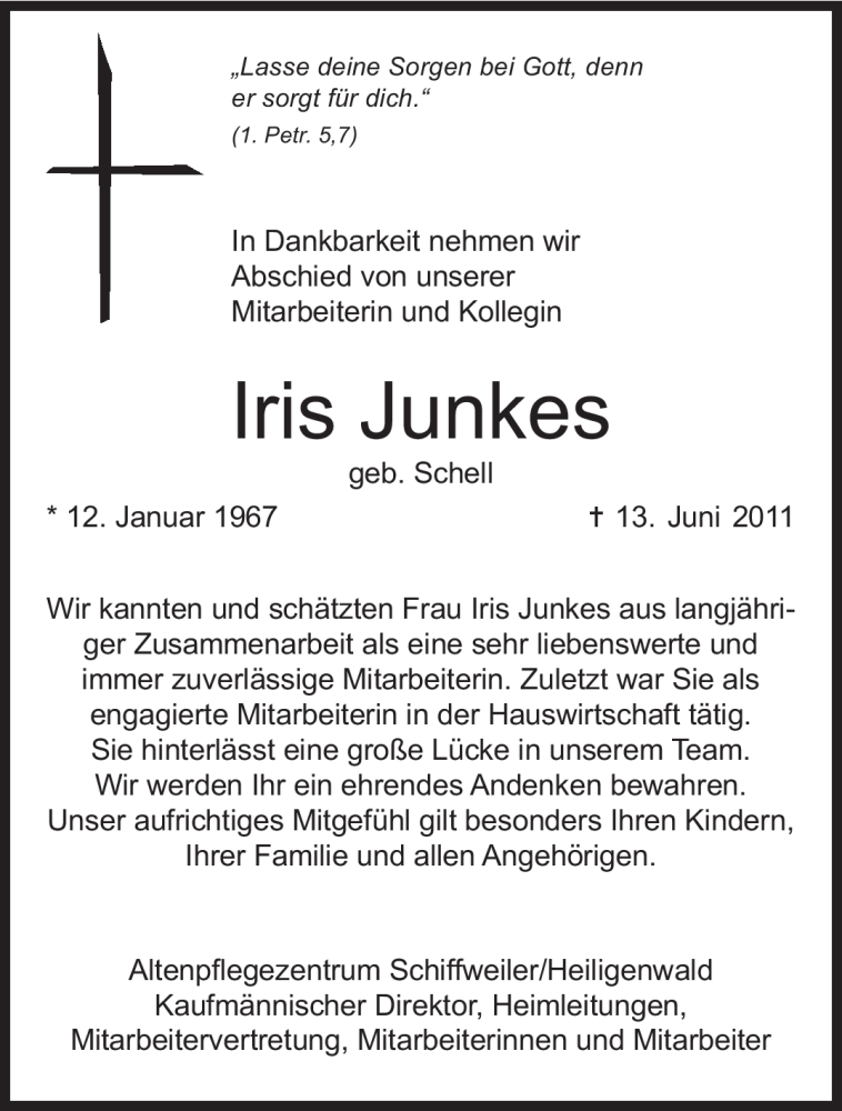  Traueranzeige für Iris Junkes vom 22.06.2011 aus SAARBRÜCKER ZEITUNG