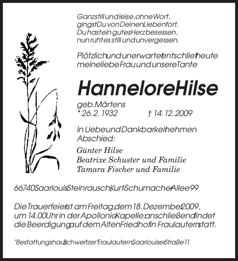 Traueranzeige für Hannelore Hilse vom 15.12.2009 aus SAARBRÜCKER ZEITUNG