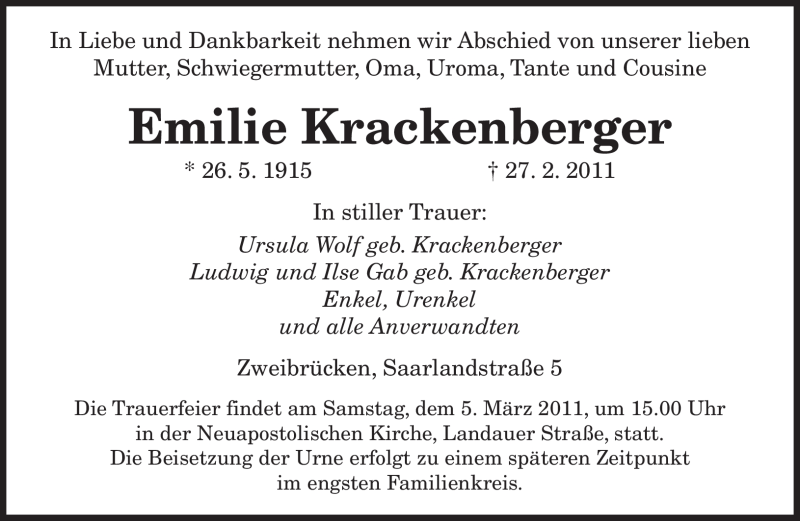  Traueranzeige für Emilie Krackenberger vom 02.03.2011 aus SAARBRÜCKER ZEITUNG