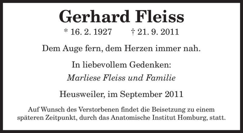  Traueranzeige für Gerhard Fleiss vom 24.09.2011 aus SAARBRÜCKER ZEITUNG