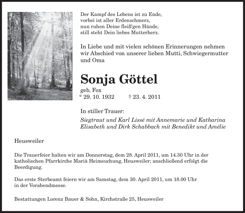  Traueranzeige für Sonja Göttel vom 26.04.2011 aus SAARBRÜCKER ZEITUNG