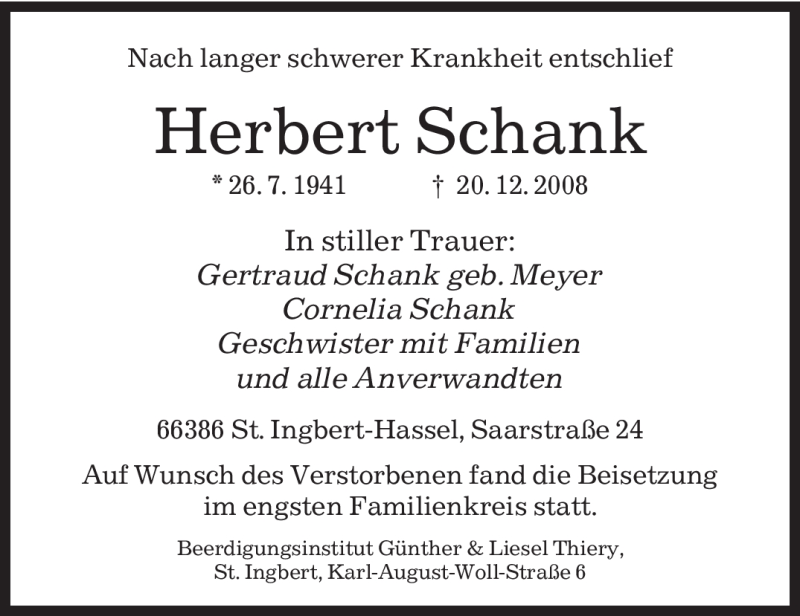  Traueranzeige für Herbert Schank vom 30.12.2008 aus SAARBRÜCKER ZEITUNG
