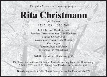 Traueranzeige von Rita Christmann von SAARBRÜCKER ZEITUNG