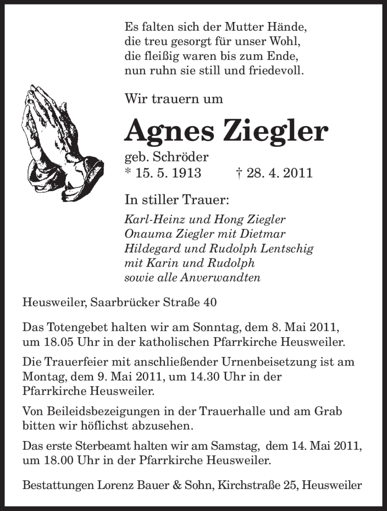  Traueranzeige für Agnes Ziegler vom 04.05.2011 aus SAARBRÜCKER ZEITUNG