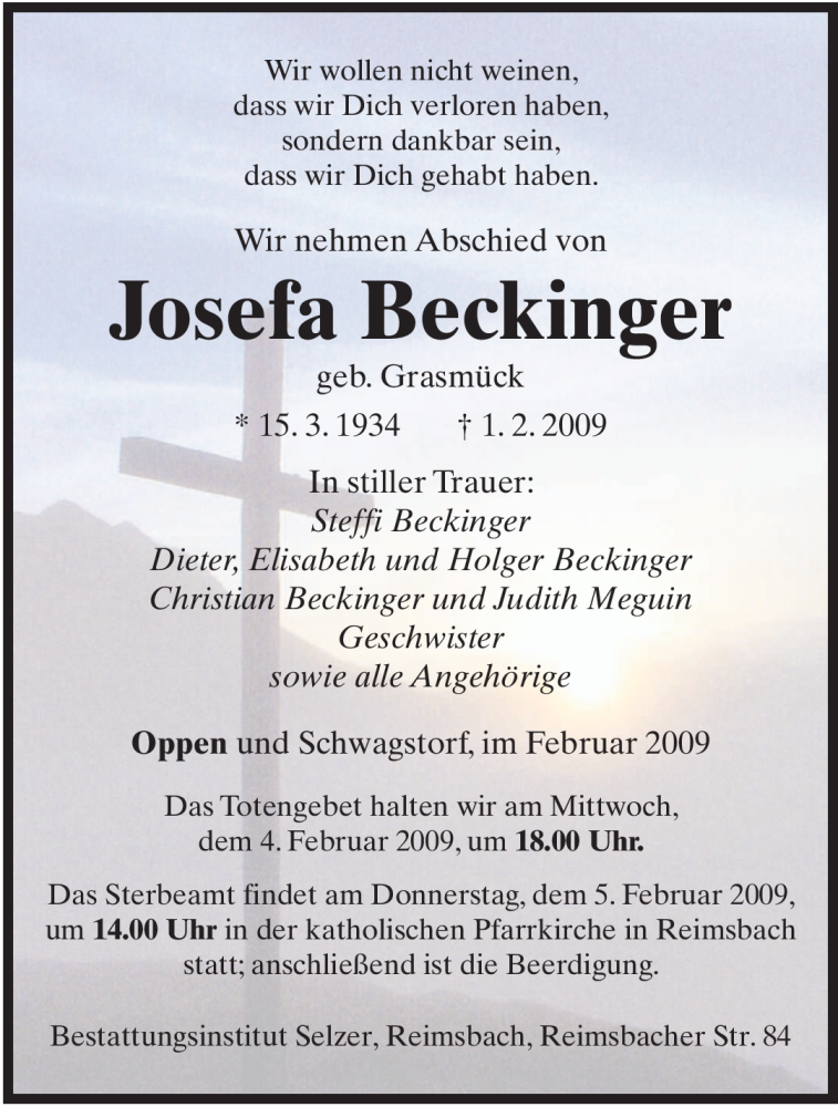  Traueranzeige für Josefa Beckinger vom 03.02.2009 aus SAARBRÜCKER ZEITUNG